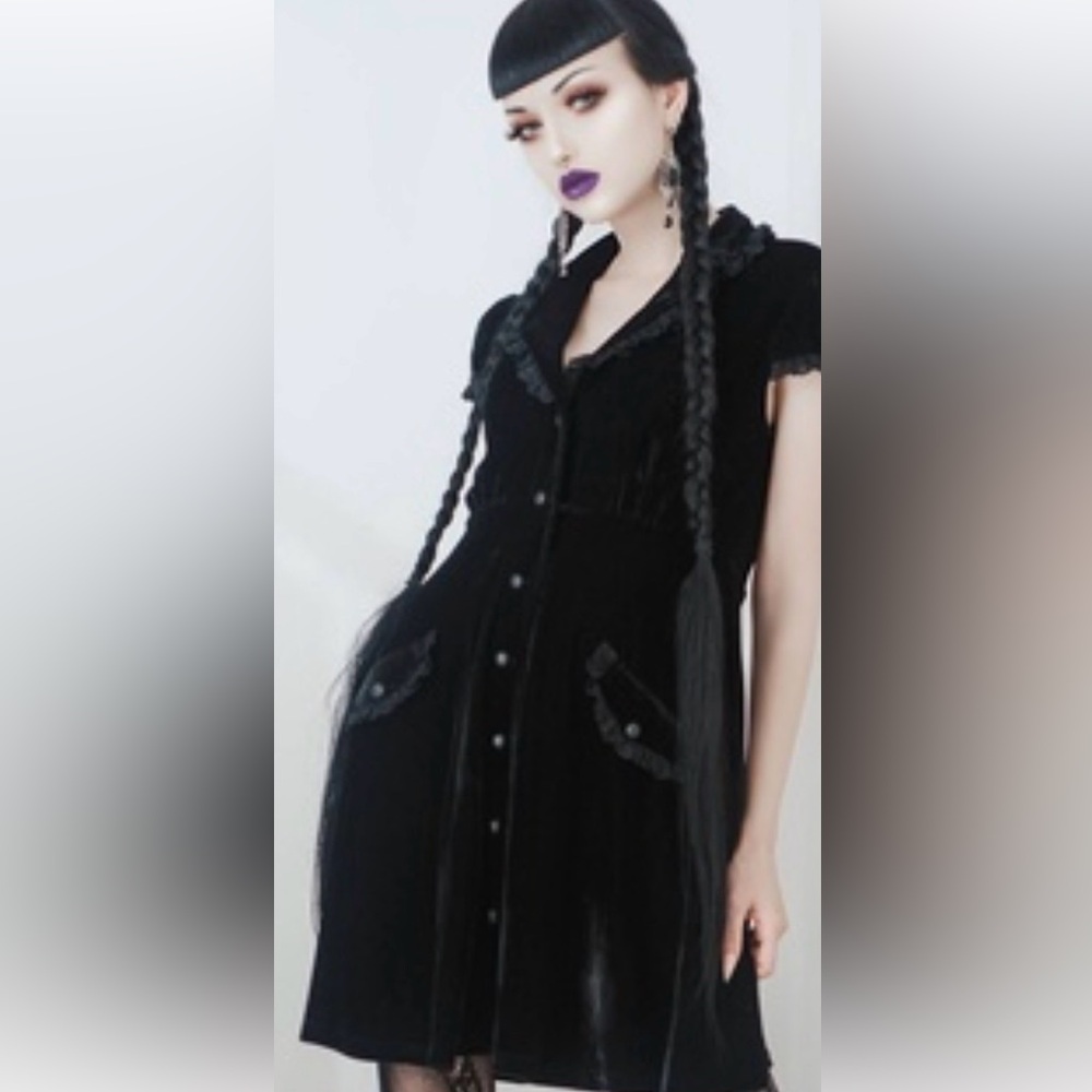 Killstar Sexy Black Velvet Lace Trim Button Down Goth Victorian  Babydoll Dress